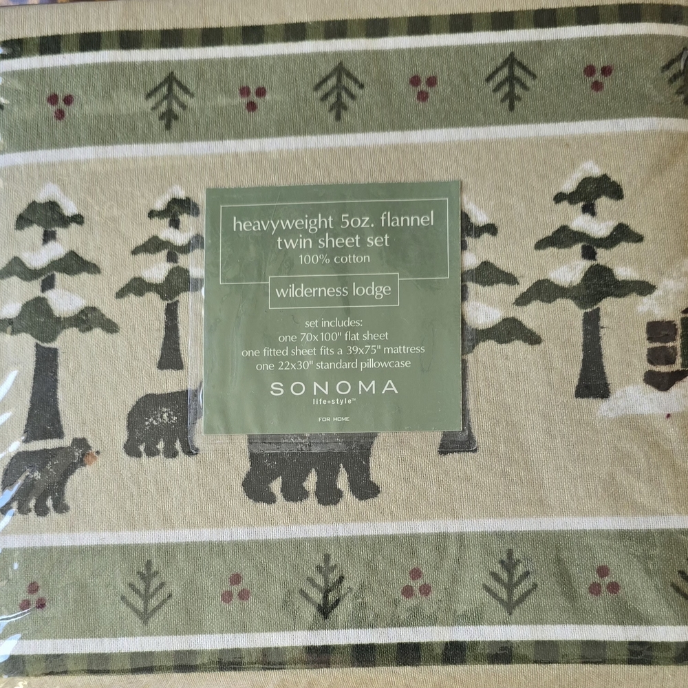 Sonoma Green and Cream Flannel Twin Sheet Set